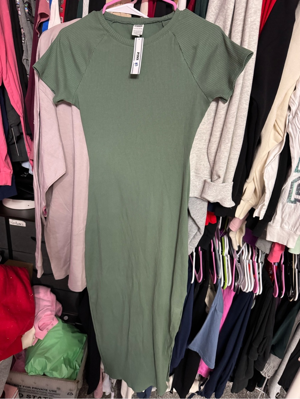 PINK Victoria's Secret Ribbed Short-Sleeve Midi Dress in Olive Green